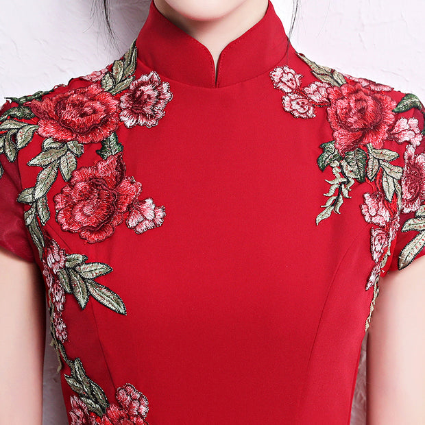 Red Embroidered Fishtail Maxi Qipao / Cheongsam Wedding Dress – imallure