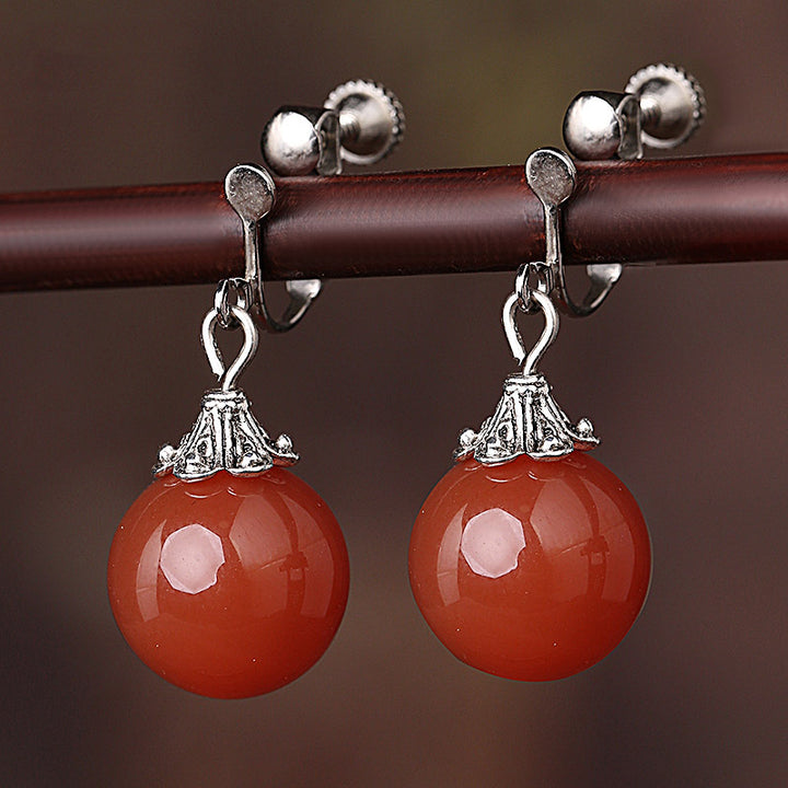 Red Agate Dangle Drop Hook Non Pierced Earrings