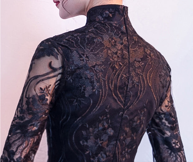 Black Red Floral Lace Overlay Qipao / Cheongsam Evening Dress
