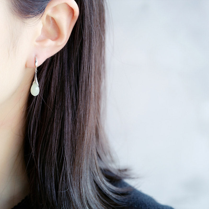 White Jade Dangle Drop Silver Earrings