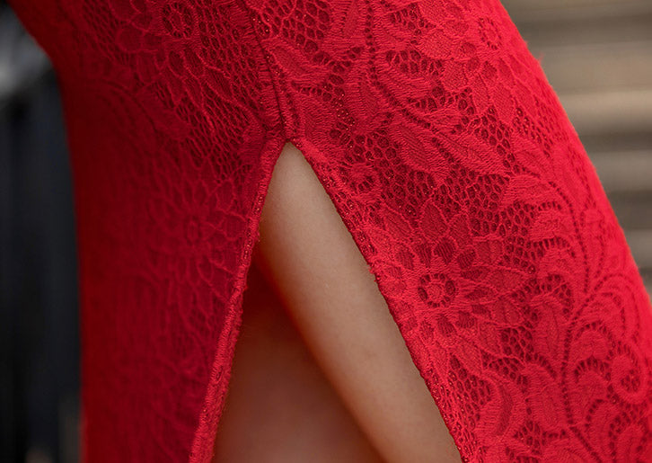 Red Beads Lace Long Qipao / Cheongsam Wedding Dress