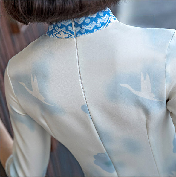 Blue Vintage Printed Short Qipao / Cheongsam Party Dress
