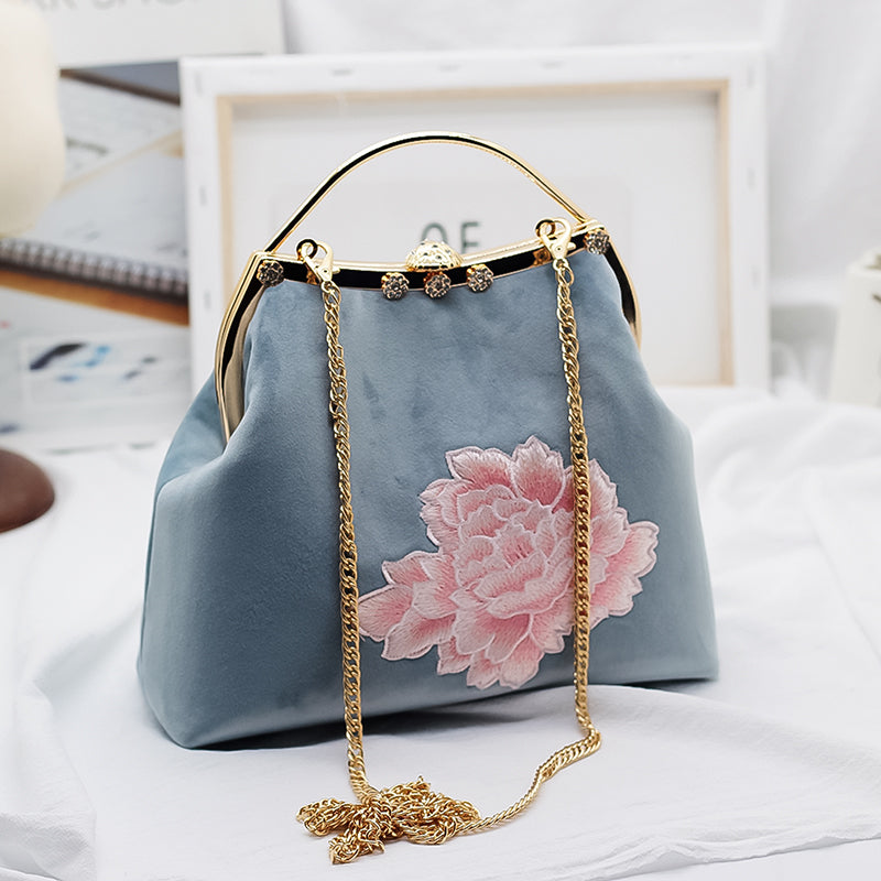 Blue Embroidered Chain Shoulder Cross Handbag