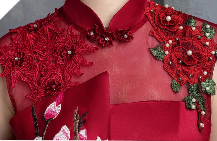 Wine Red A-Line Phoenix Maxi Qipao Cheongsam Evening Dress