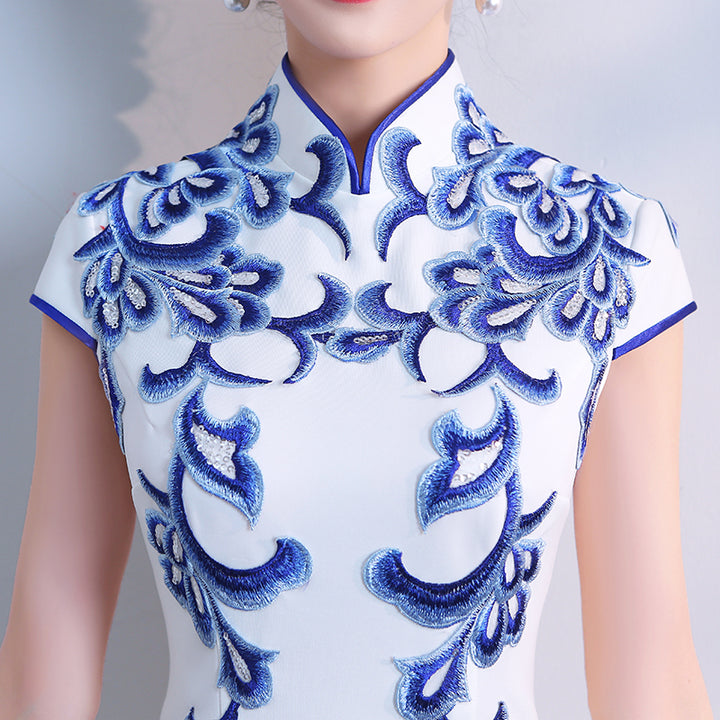 Appliques White Full-Length Qipao Cheongsam Evening Dress