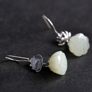 White Jade Lotus Silver Dangle Drop Earrings