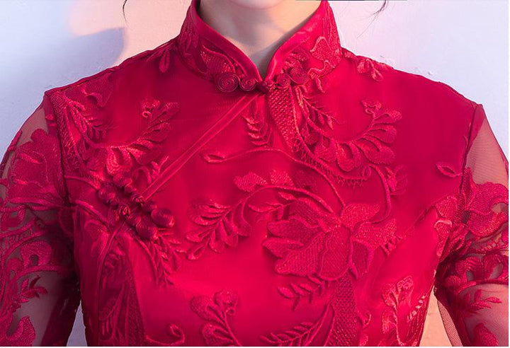 Red Embroidered Lace Short Qipao / Cheongsam Wedding Dress