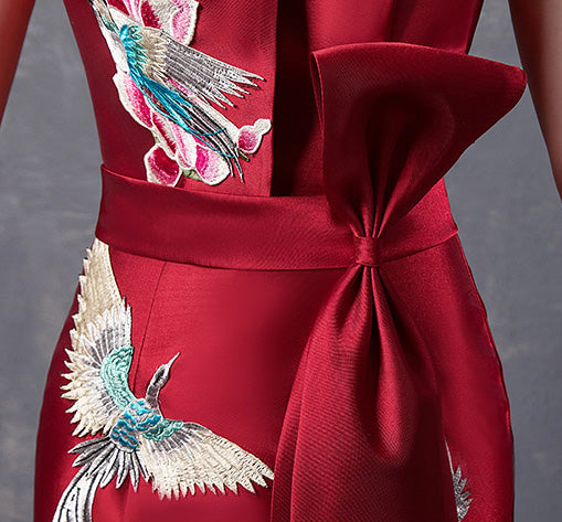 Wine Red Embroidered Fishtail Qipao / Cheongsam Wedding Dress