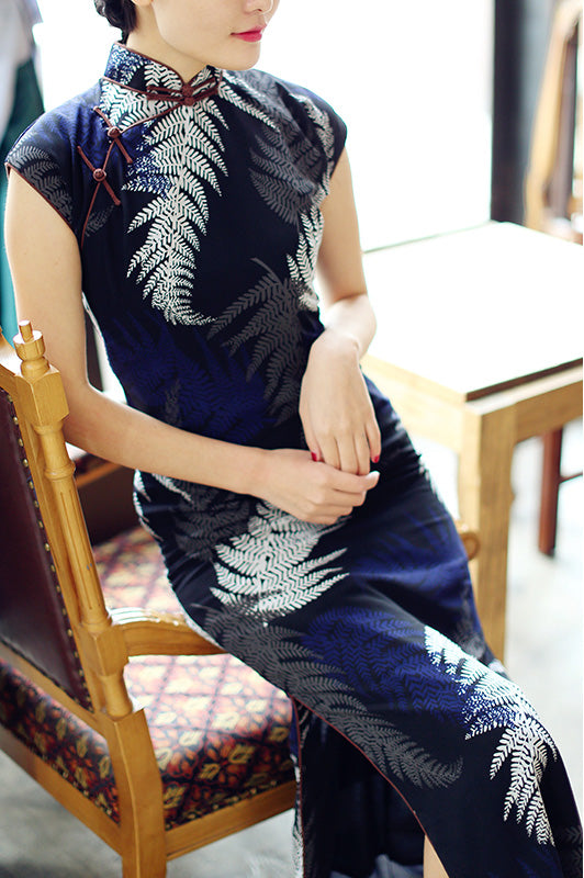 Navy Blue Chiffon Qipao / Cheongsam Dress in Printed Leaf