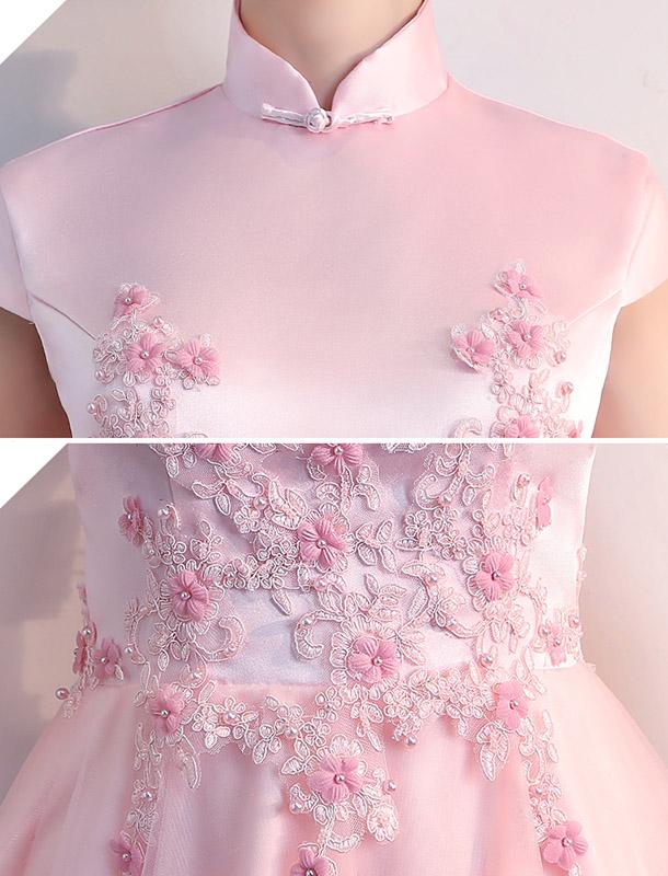 Pink Appliques Bridesmaids Qipao / Cheongsam Tulle Wedding Dress