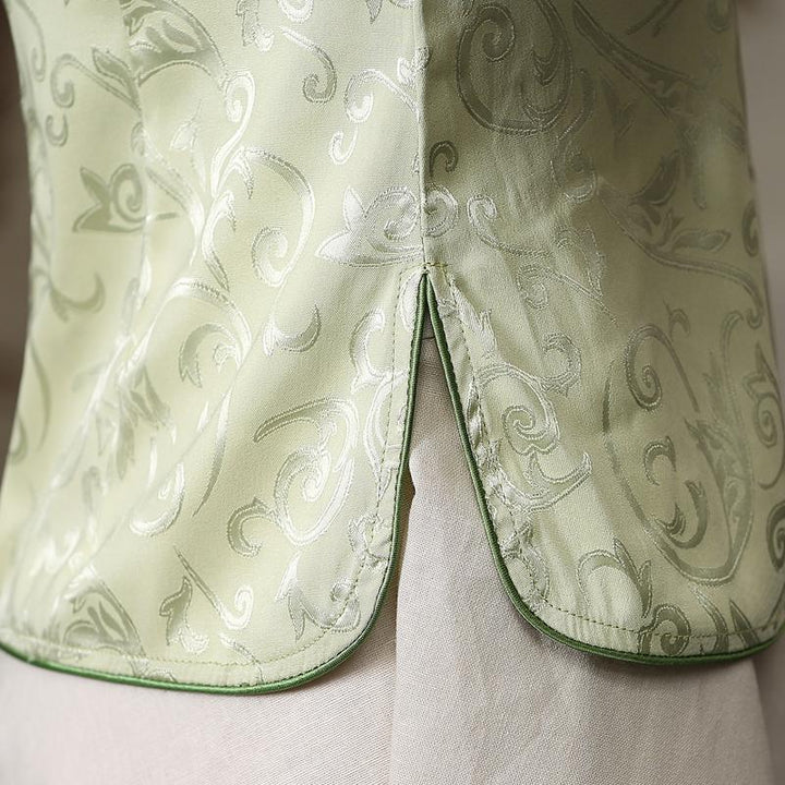 Green White Jacquard Qipao / Cheongsam Top Blouse