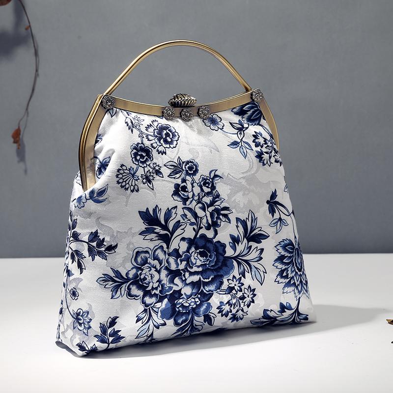White Blue Floral Top Handle Clutch Handbag