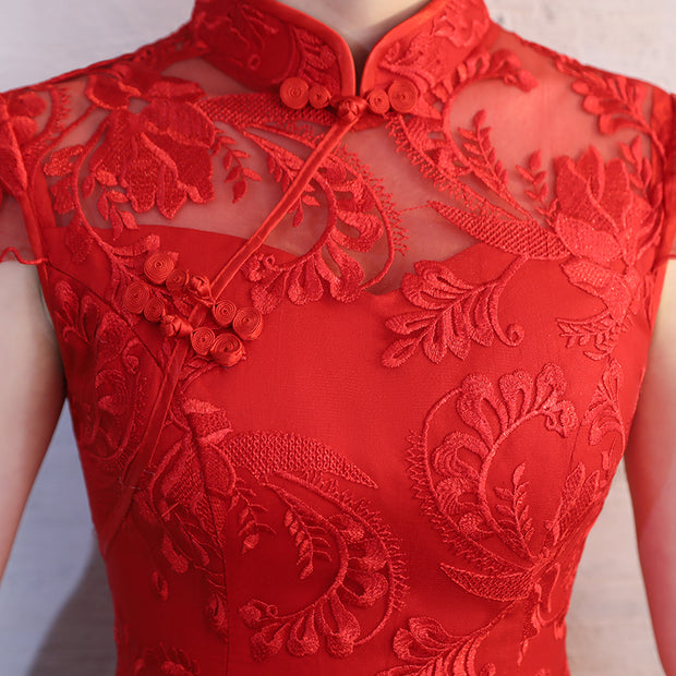 Red Lace Fishtail Wedding Bride Qipao Cheongsam Dress- IMALLURE – imallure