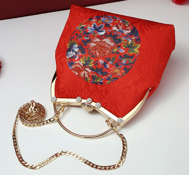 Red Printed Floral Chain Shoulder Cross Handbag