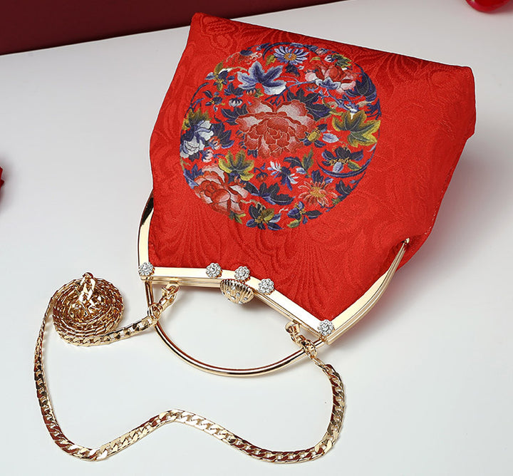Red Printed Floral Chain Shoulder Cross Handbag