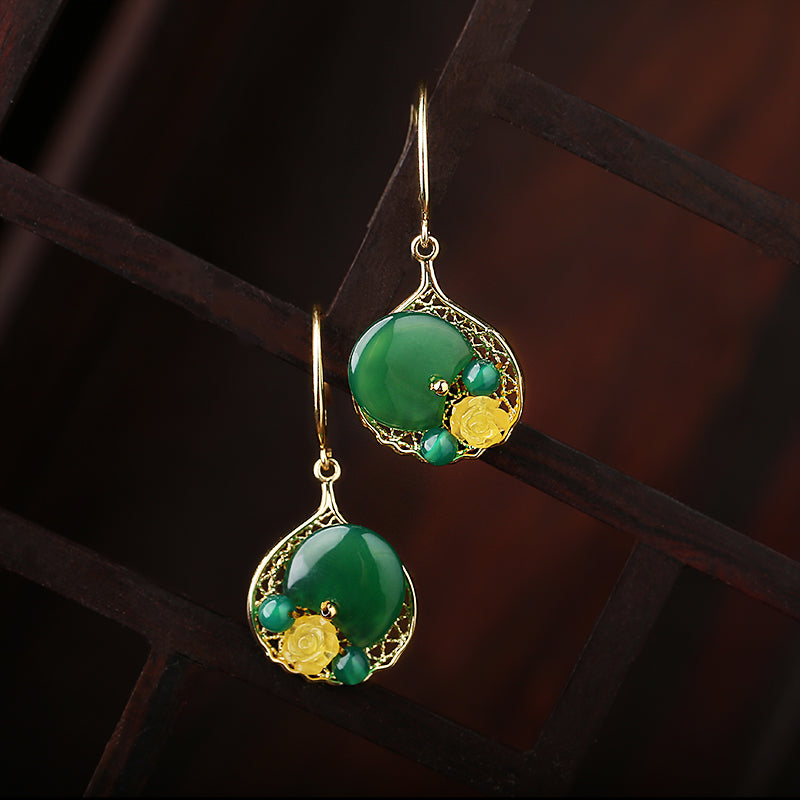 Green Agate Dangle Drop Hook Non Pierced Earrings