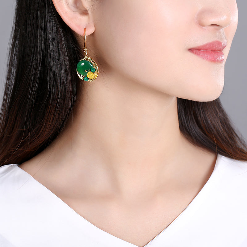 Green Agate Dangle Drop Hook Non Pierced Earrings