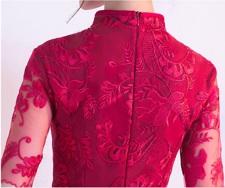Wine Red Lace A-Line Qipao / Cheongsam Dress