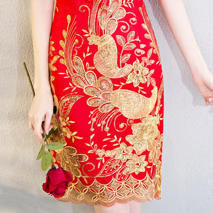 red chinese dress short Women's Cheongsam Lace Embroider Wedding Bride Dress Chinese Evening Mini Dress