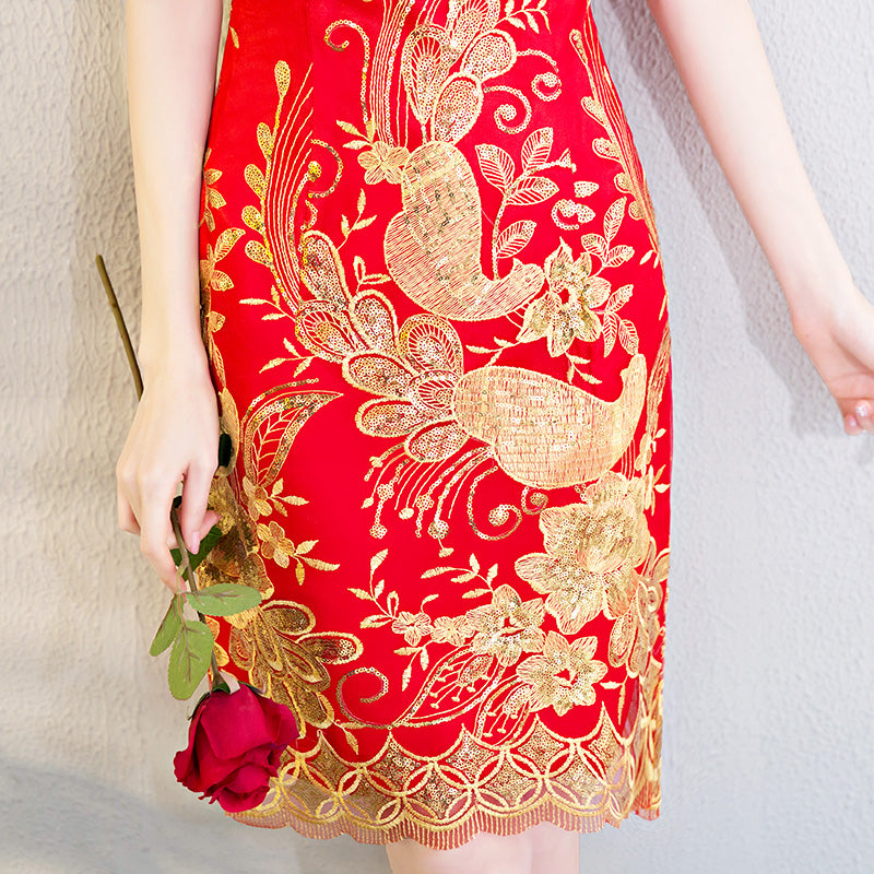 Red Sequnined Phoenix Short Qipao / Cheongsam Wedding Dress
