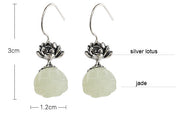 White Jade Lotus Silver Dangle Drop Earrings