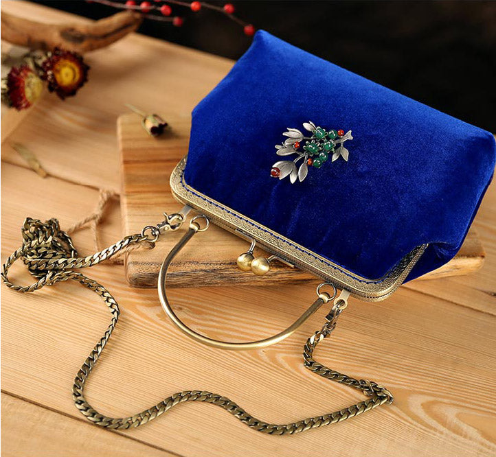 Blue Velvet Chain Shoulder Cross Clutch Bag