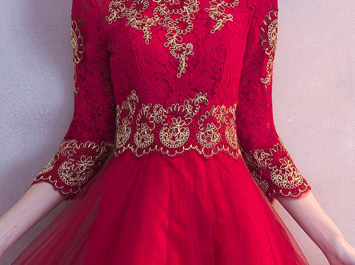Wine Red Lace Qipao / Cheongsam Evening Dress with Dipped Hem