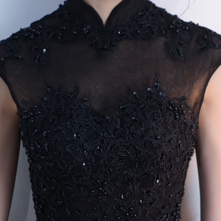 Black Midi Ball Tulle Qipao / Cheongsam Evening Dress