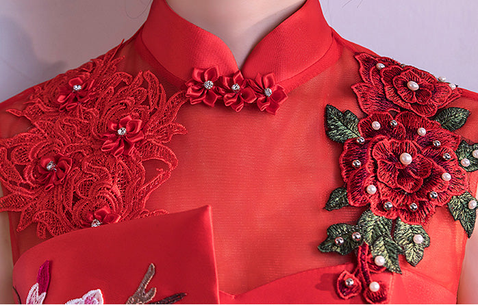 Red Blue Embroidered Fishtail Qipao / Cheongsam Wedding Dress
