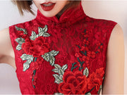 Red Lace Qi Pao Cheongsam Dress with High Low Hem