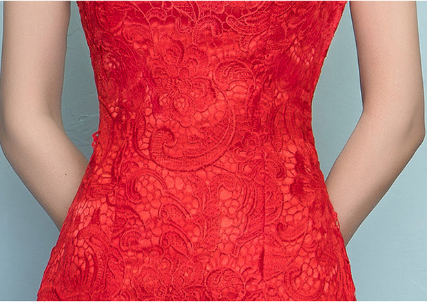 Red Lace Mermaid Full-Length Qipao / Wedding Cheongsam Dress