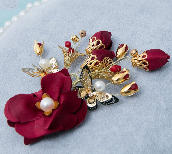 Wine Red Silk Hair Flower Clip