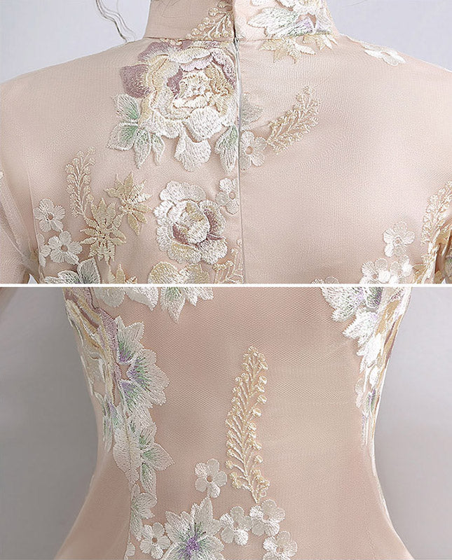 Embroidered A-line Qipao / Cheongsam Dress with Half Sleeve