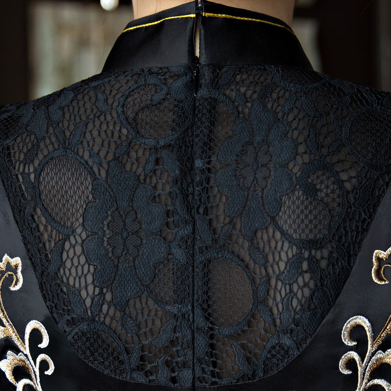 Black Embroidered Short Qipao / Cheongsam Dress with Lace Insert