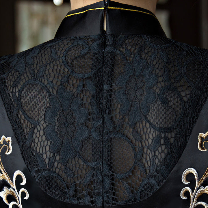 Black Embroidered Short Qipao / Cheongsam Dress with Lace Insert