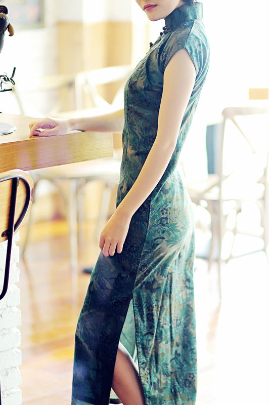 Green Floral Linen Ankle-Length Qipao / Cheongsam Dress