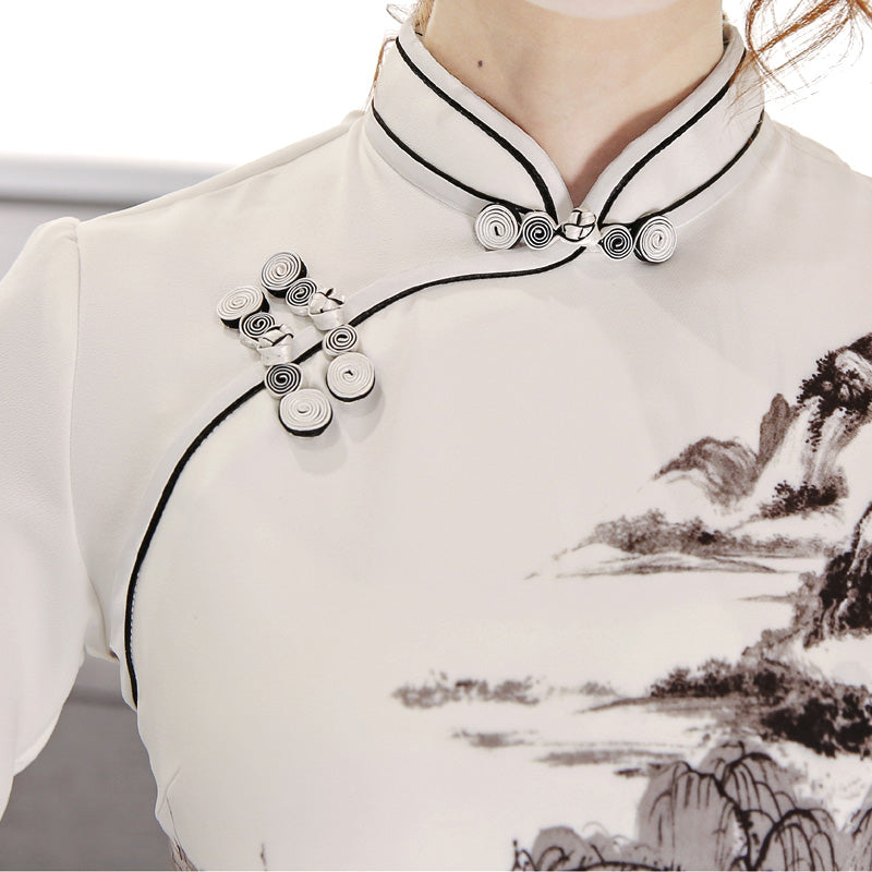 Cheongsam Blouse Top in Printed Chinese Painting 