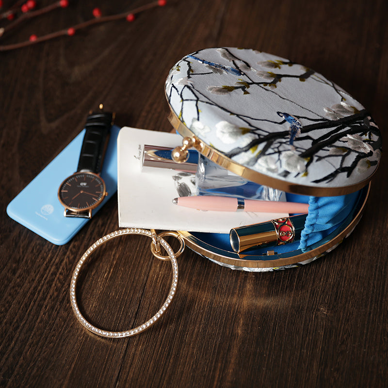 Blue Embroidered Chain Strap Ring Wristlet Bag