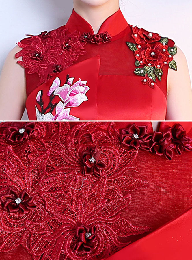 Wine Red A-Line Phoenix Maxi Qipao Cheongsam Evening Dress