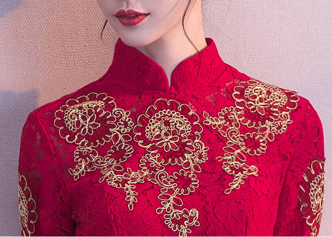 Wine Red Lace Qipao / Cheongsam Evening Dress with Dipped Hem