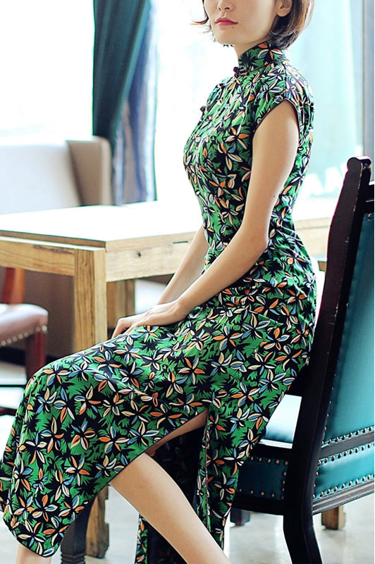 Green Floral Chiffon Qipao / Cheongsam Party Dress