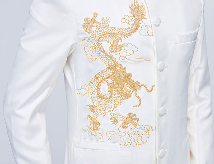 Black White Embroidered Dragon Chinese Tunic Suit Jacket