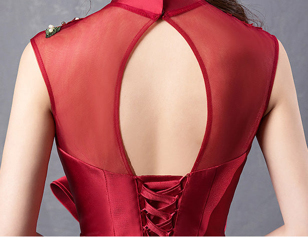 Wine Red Embroidered Fishtail Qipao / Cheongsam Wedding Dress