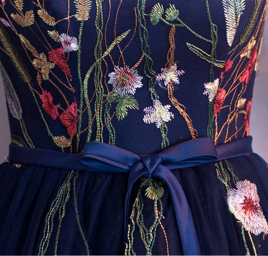 Blue A-Line Illusion Embroidered Tulle Evening Party Dress