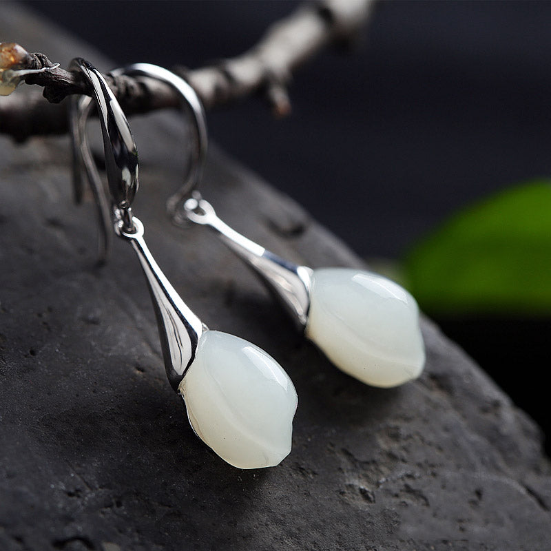 White Jade Dangle Drop Silver Earrings