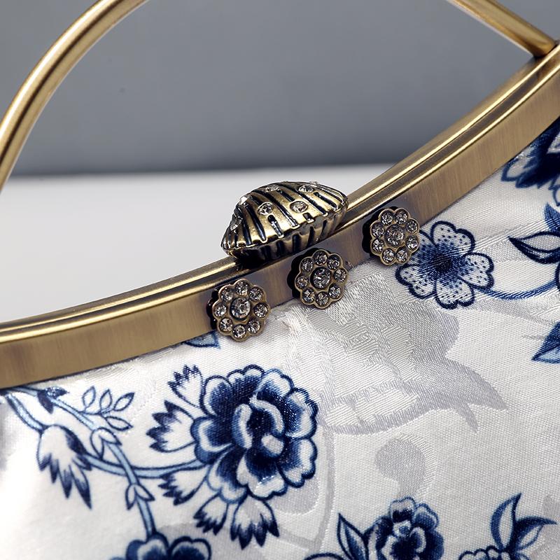 White Blue Floral Top Handle Clutch Handbag