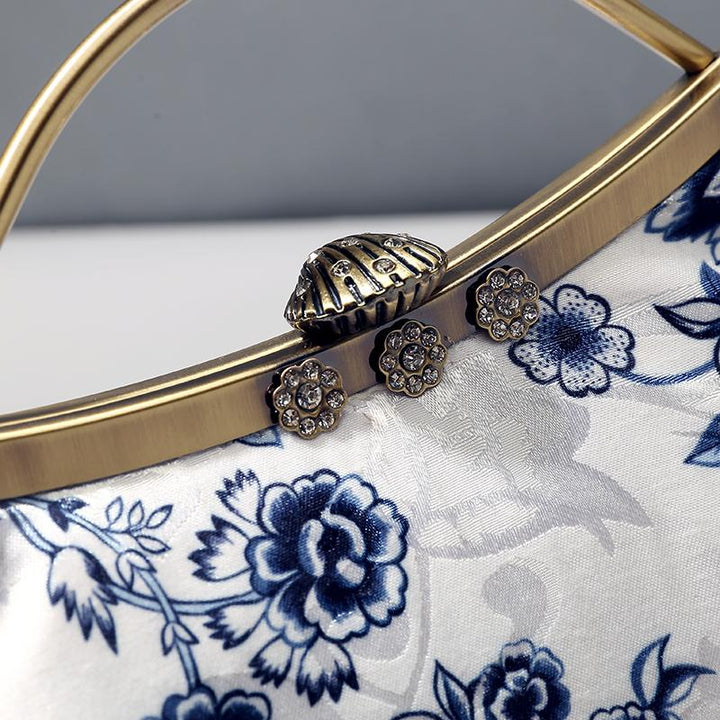White Blue Floral Top Handle Clutch Handbag