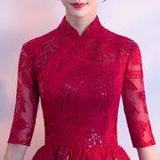 Sequined Wine Red Qipao / Cheongsam Evening Dress with Dipped Hem