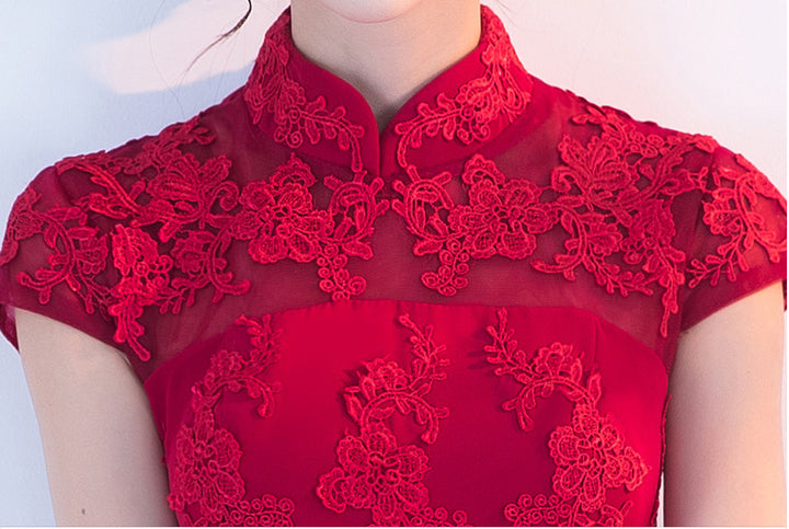 Wine Red A-line Short Qipao / Cheongsam Dress with Lace Insert