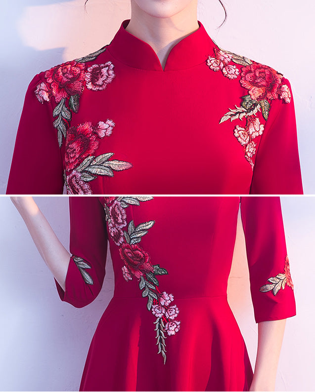 Wine Red Floor-Length Embroidered Qipao / Cheongsam Dress